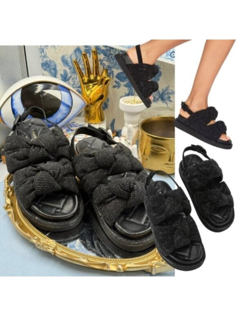 🆕 KURT GEIGER LONDON 🧿 NWOB Orson Knot Crystal Bejewelled Sandal, Black - Sz 9
